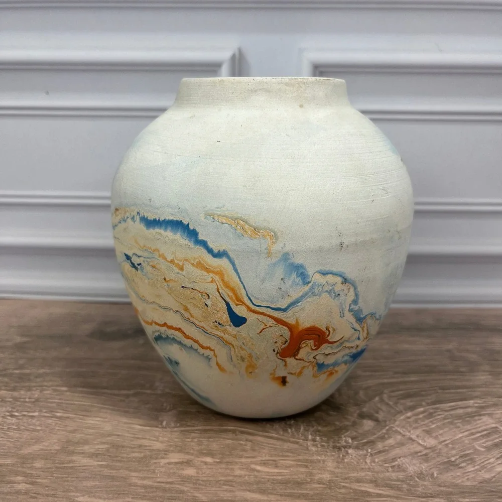 Nemadji Pottery Bud Vase 5 in Cream Blue Orange Marbled Swirl Made in USA